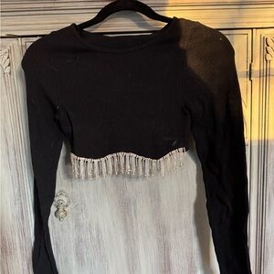 Sincerely Jules Black Ribbed Top with Beaded Fringe